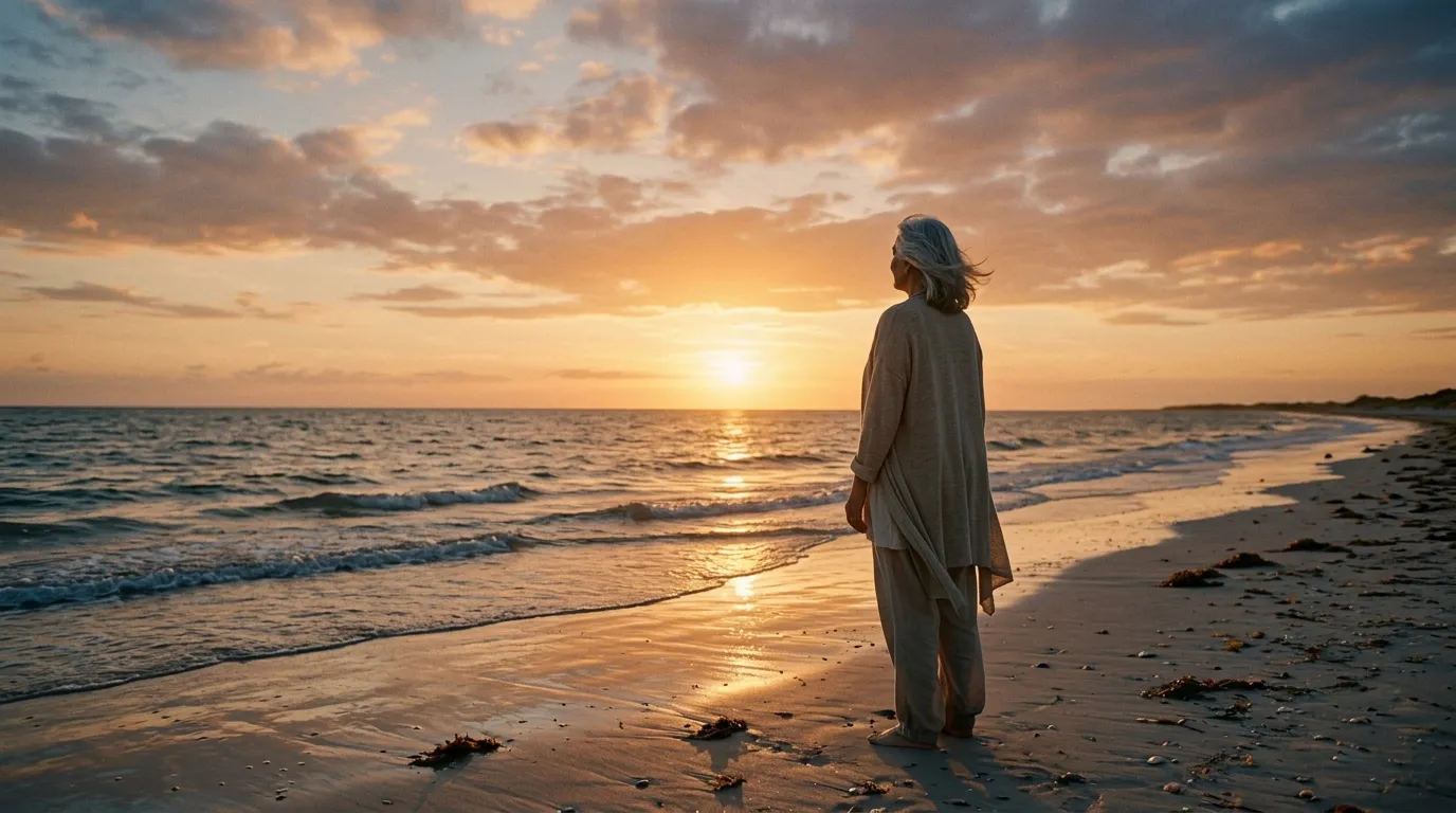 An elderly woman standing on a beach looking out at the ocean horizon at sunset