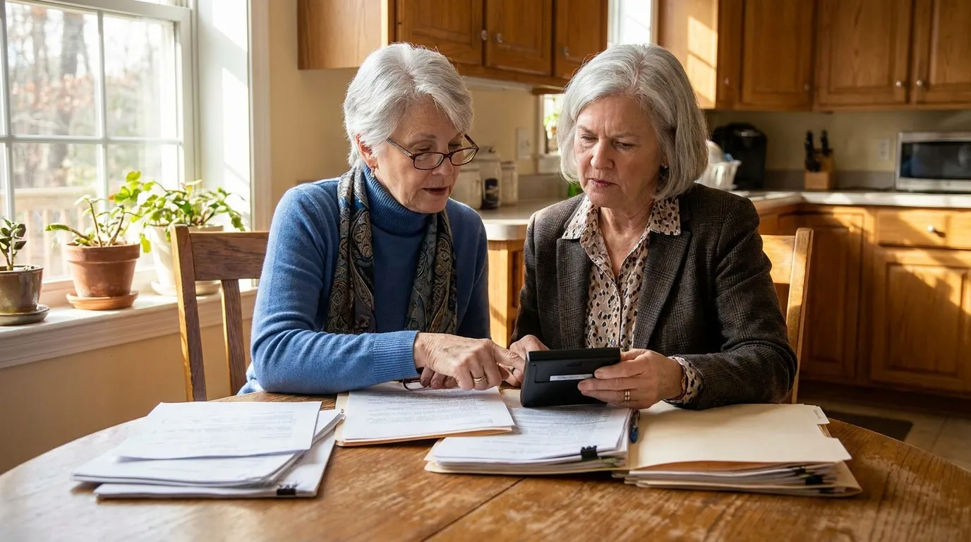 Two determined elderly women reviewing legal documents at a kitchen table