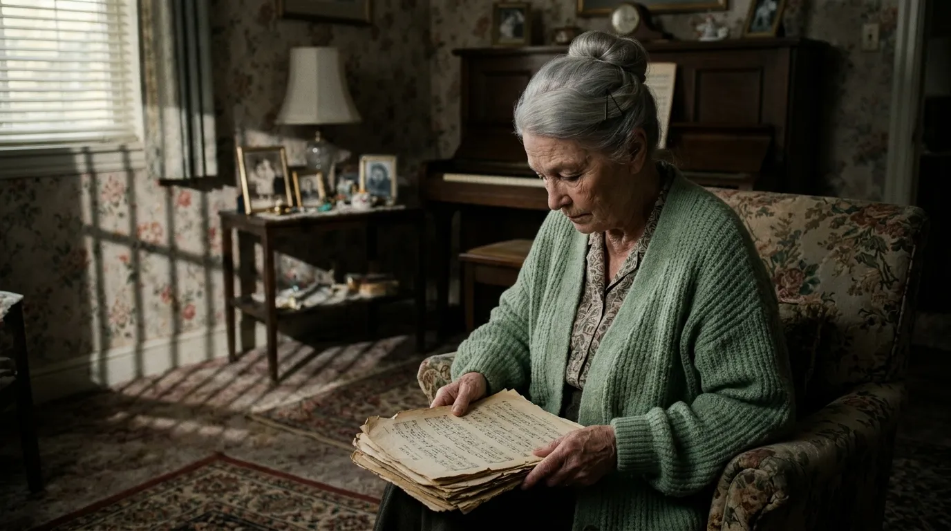 Elderly woman sitting quietly with sheet music in a dimly lit room