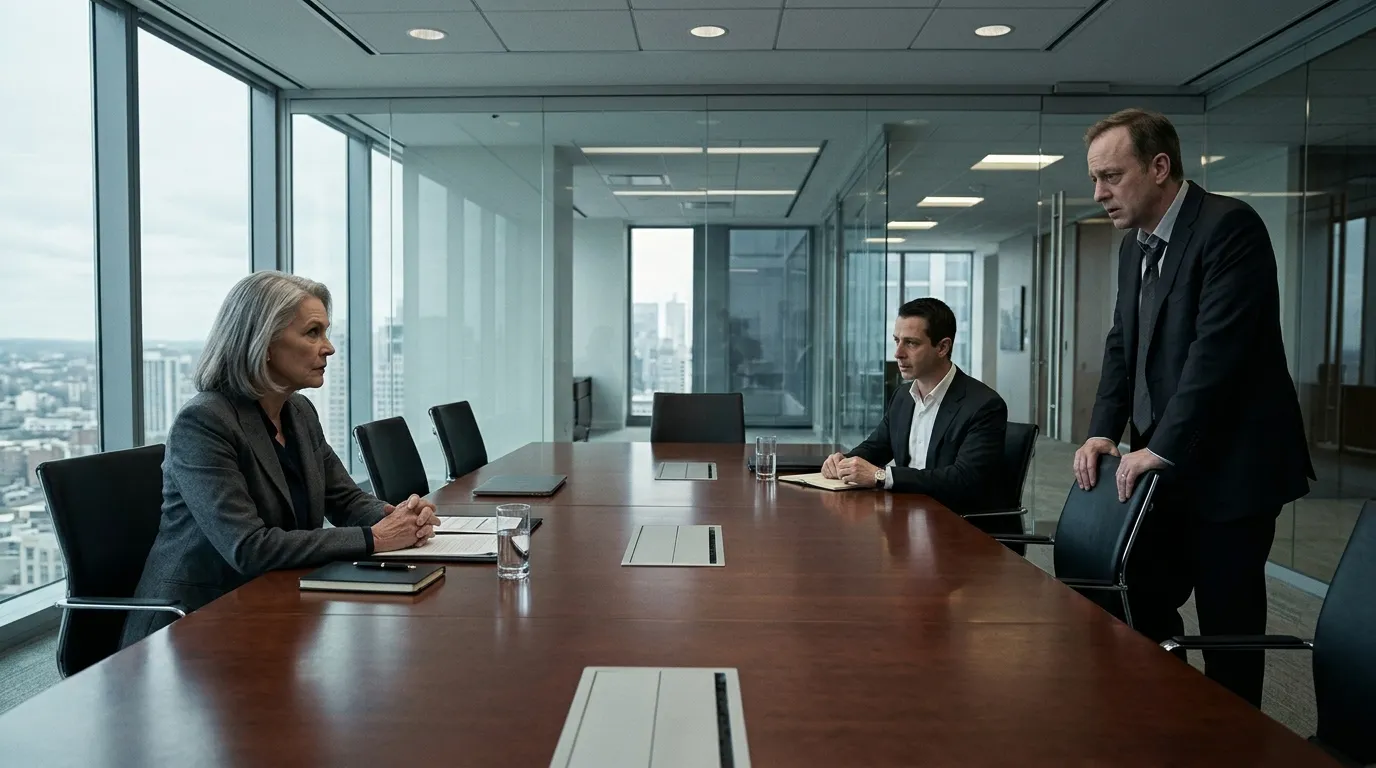 Powerful older woman confronting a sweating corporate manager in a glass conference room