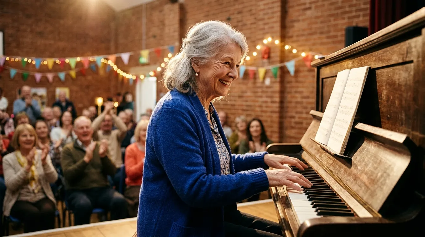 Elderly woman confidently playing piano on a brightly lit stage