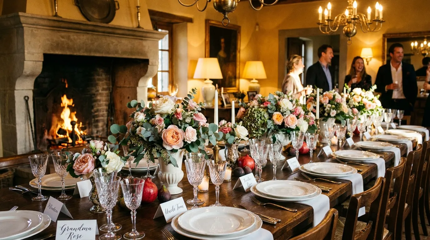 Beautifully decorated long dining room table set for 23 people
