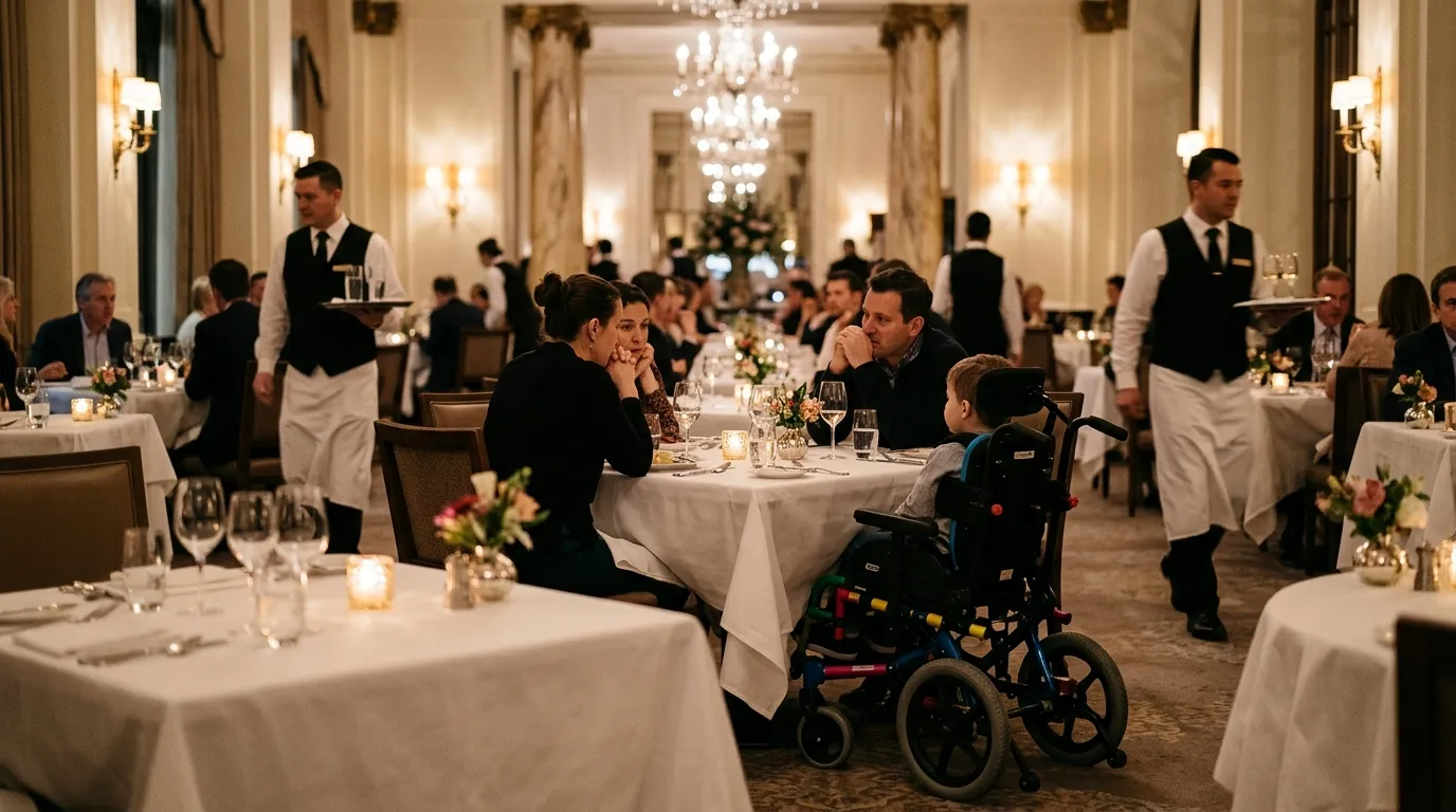 An elegant restaurant setting with white tablecloths and a pediatric wheelchair pulled up to a table.