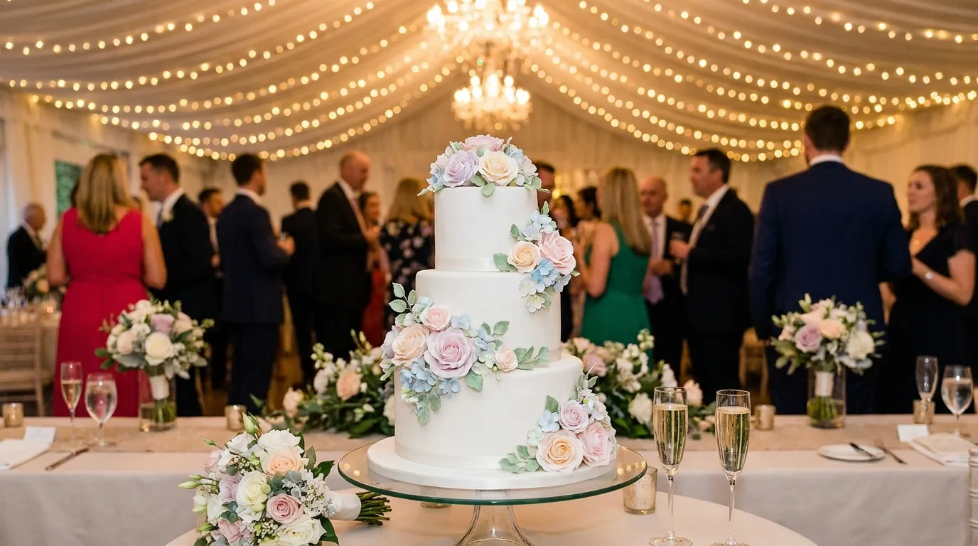 A beautiful three-tier white wedding cake decorated with flowers