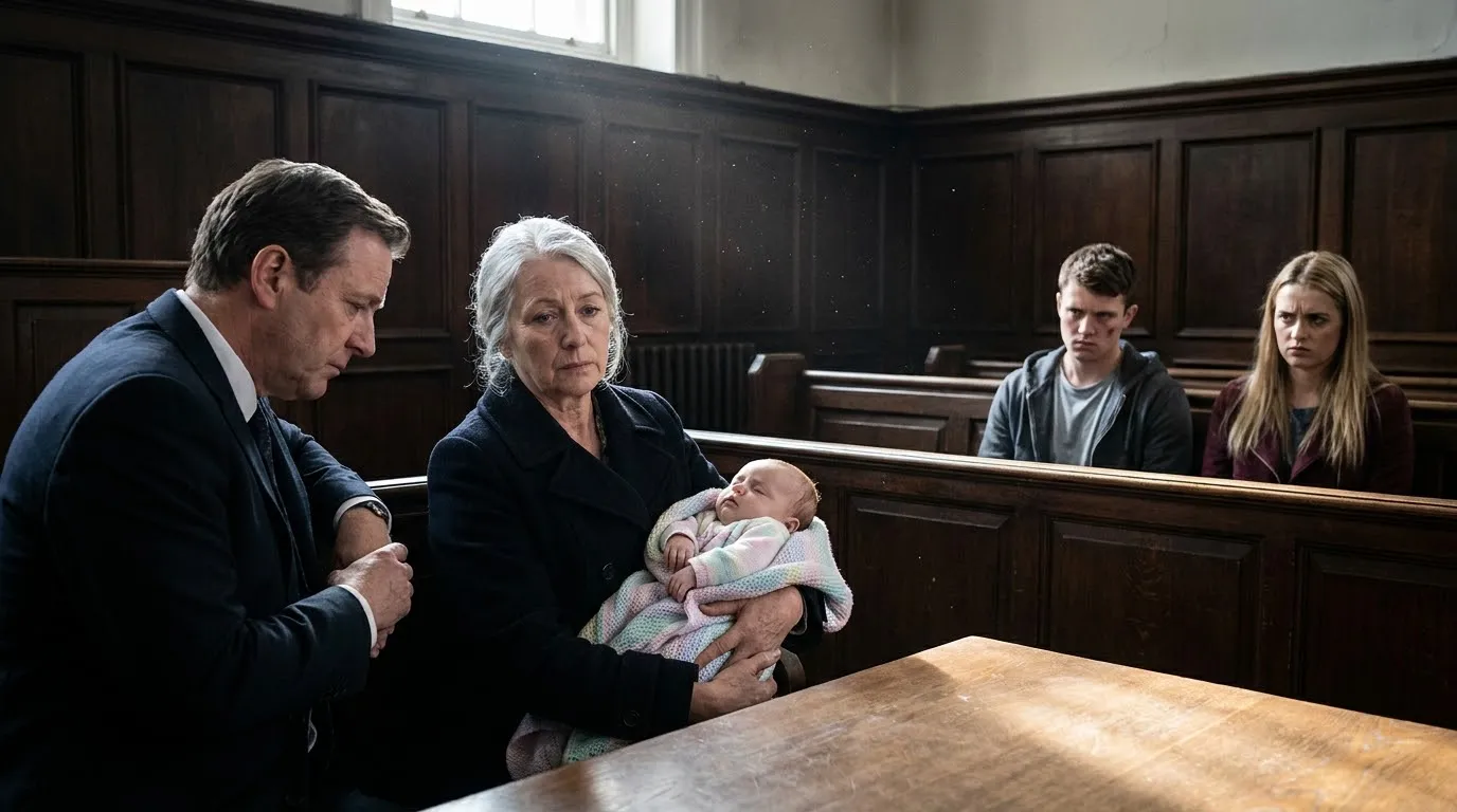 A 79-year-old woman holding a baby in a courtroom while her adult children look on angrily