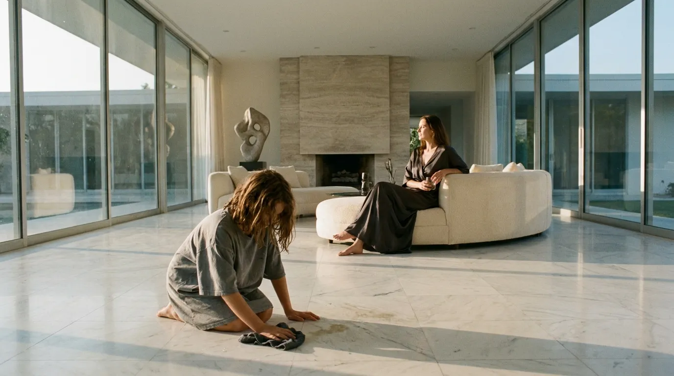 Six-year-old Ellie kneeling on marble floor cleaning while stepmother watches from couch