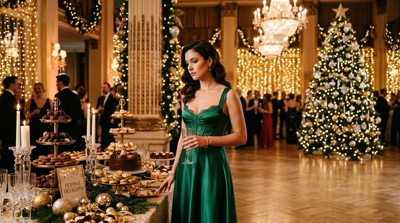 A woman in an emerald dress standing alone at a glamorous Christmas party.