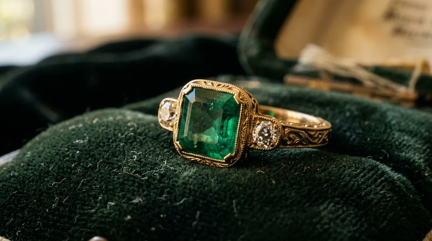A beautiful vintage emerald ring with two diamonds on a velvet surface