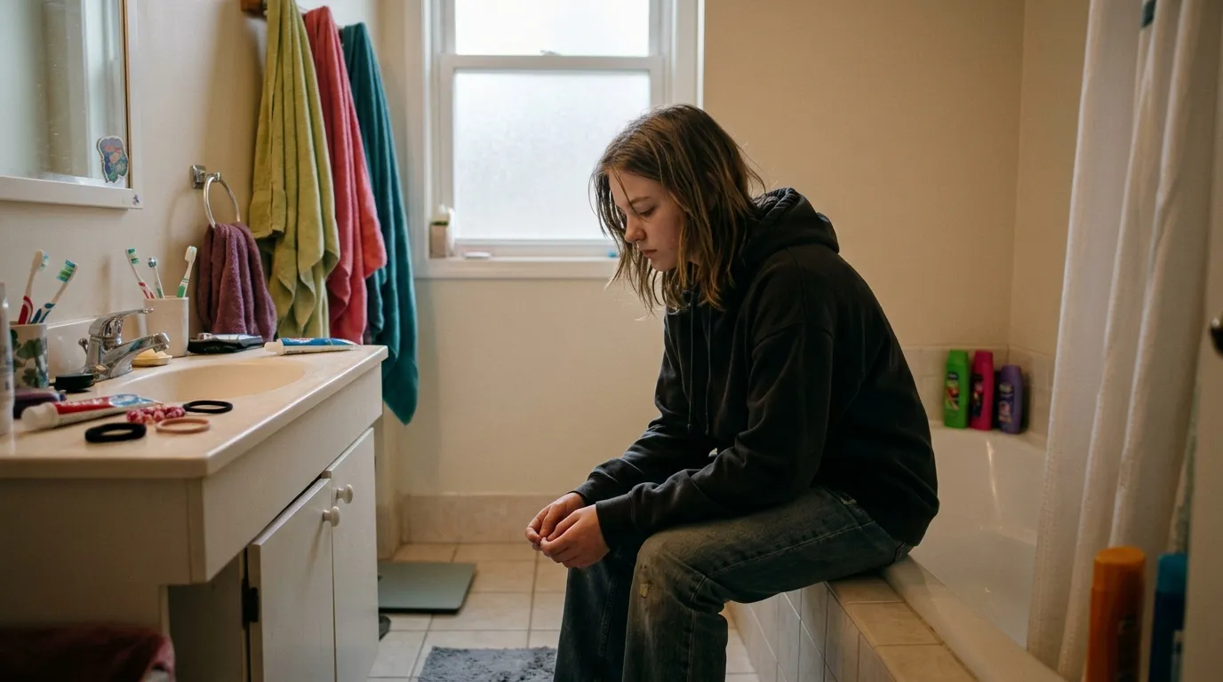 Teenage girl sitting on the edge of a bathtub looking sadly at her arms with a razor nearby