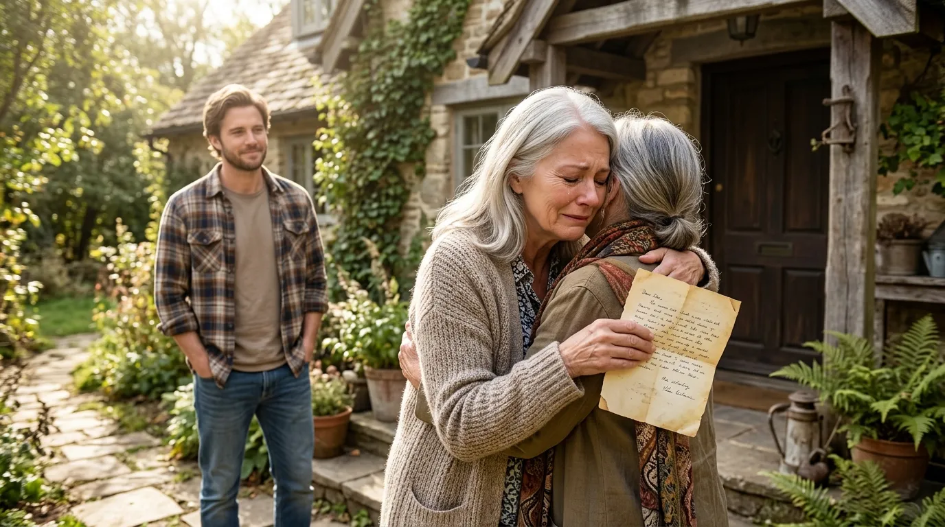 Two older women embracing at a cottage door holding an old letter
