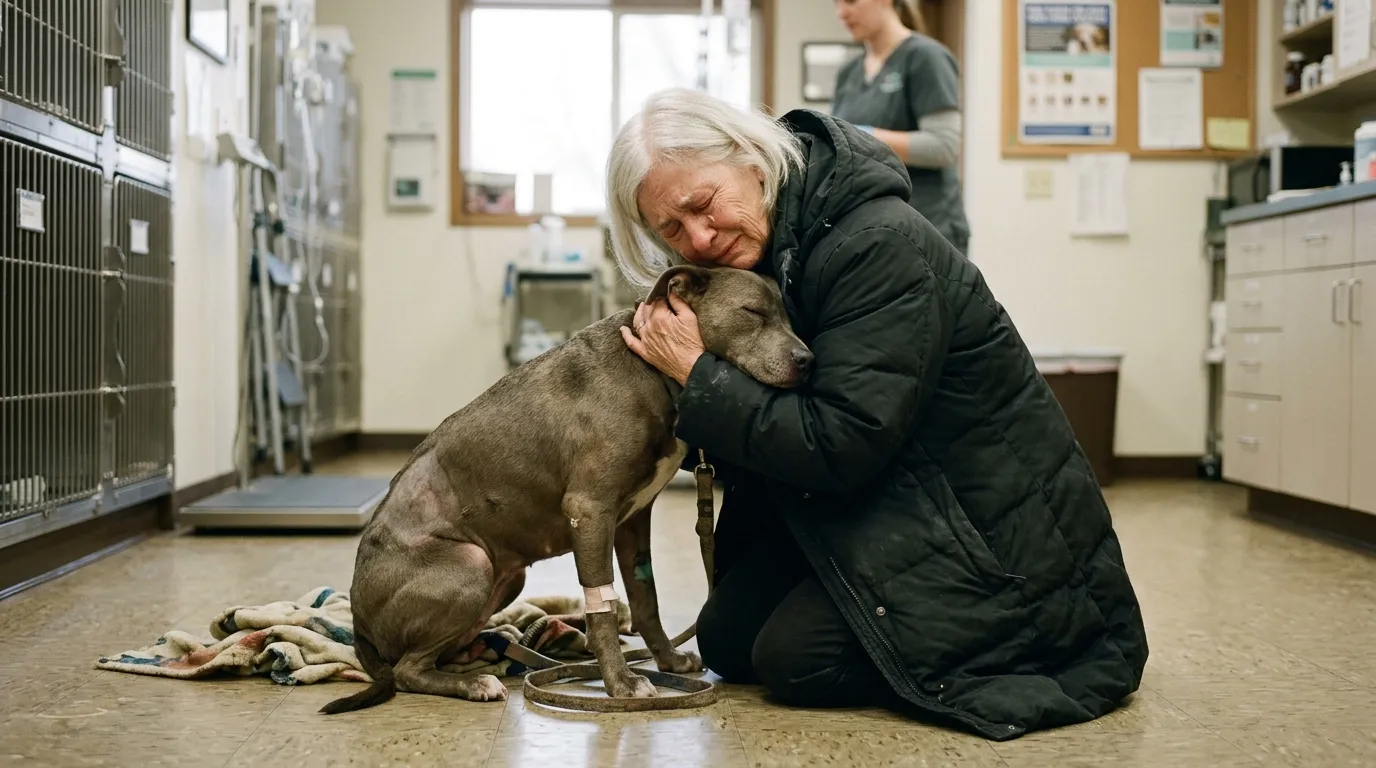 An older woman kneeling on the floor hugging a frail dog inside a vet clinic