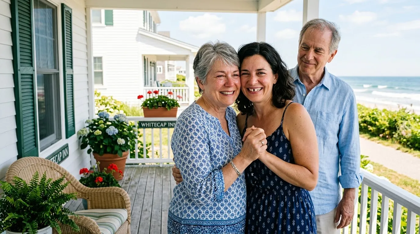 Mother and daughter holding hands and smiling on a hotel porch while the husband watches