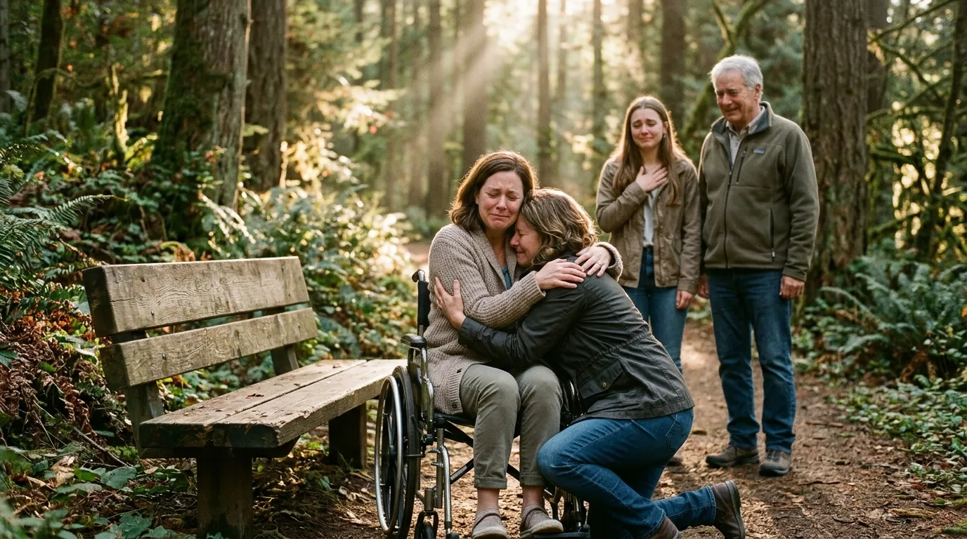 Sarah and Mary crying and hugging next to a wooden bench in the forest.