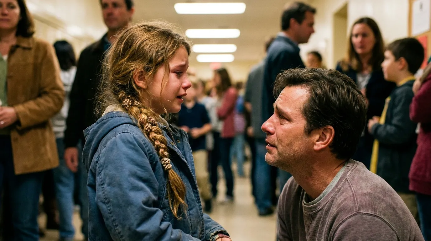 Young girl with knee-length braid speaking earnestly with her father in an auditorium hallway