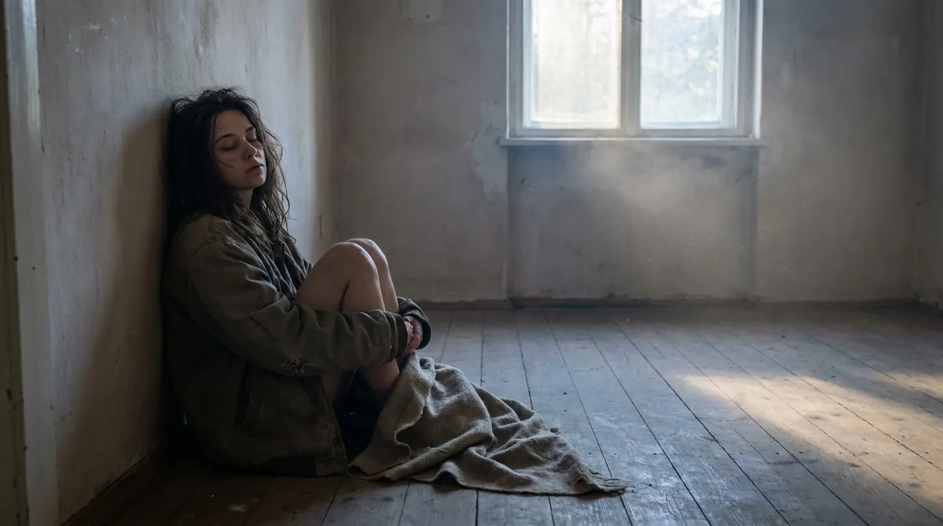 A sparse, dimly lit living room showing a weary young woman resting on the floor.