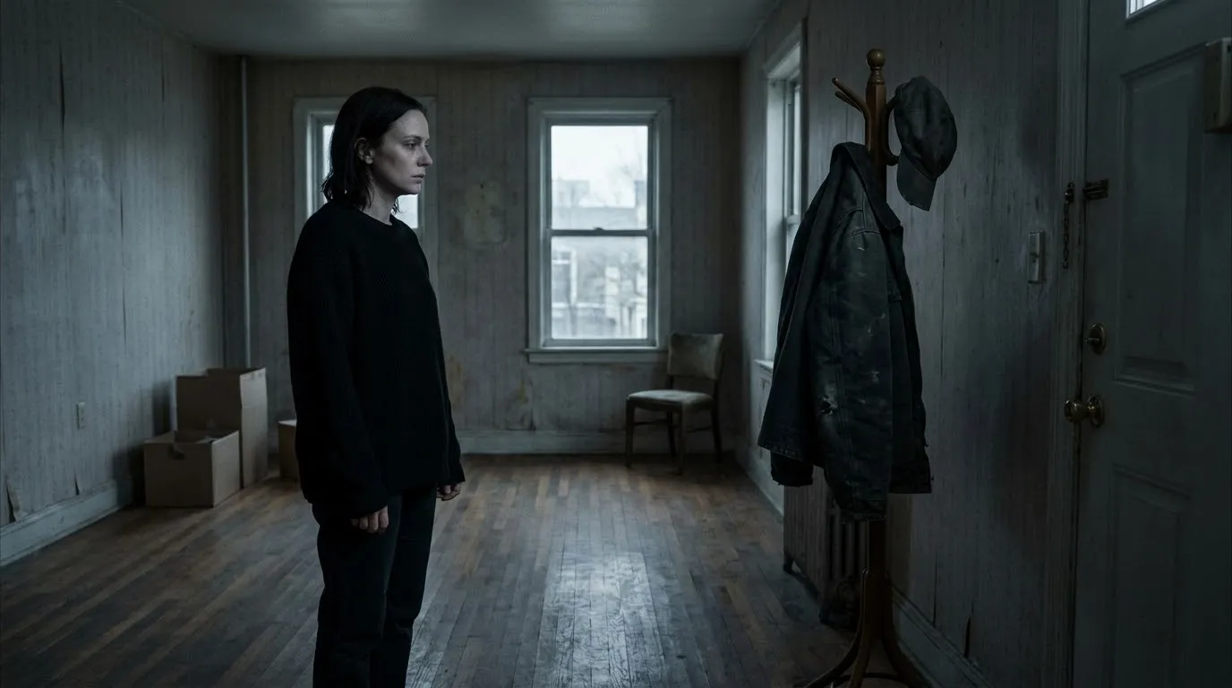 A grieving woman dressed in black standing alone in a dimly lit apartment, looking at a man's jacket.