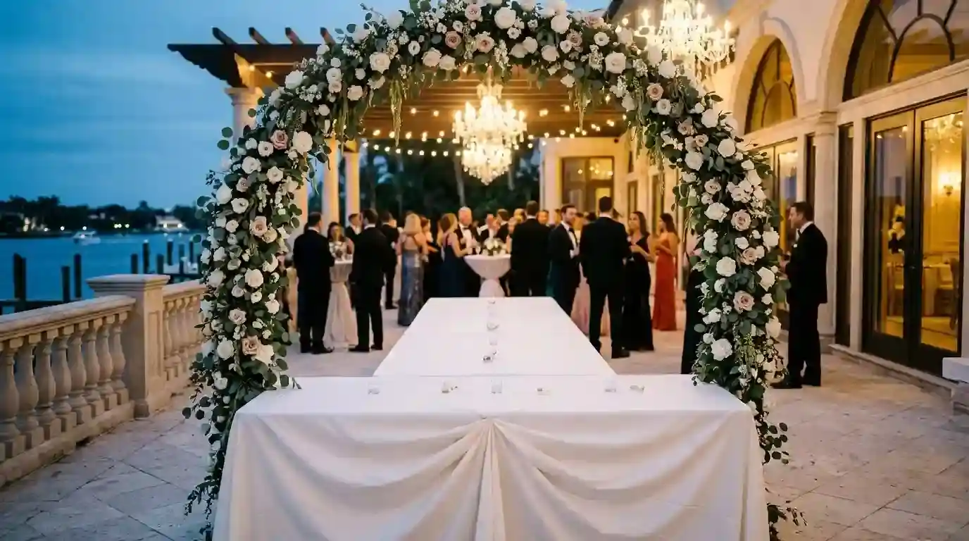 An empty long white catering table beneath a floral arch at an elegant evening mansion party