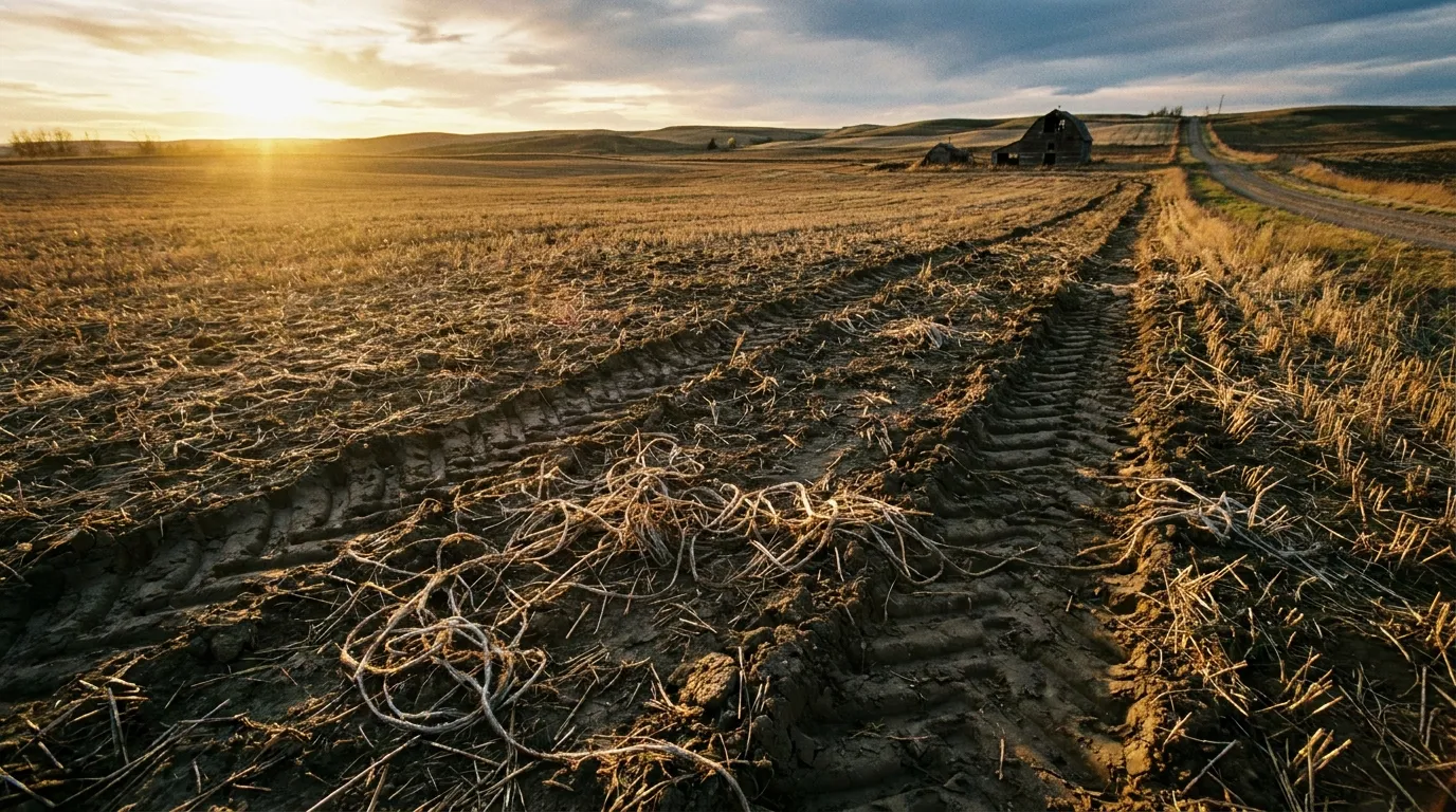 Bare harvested farm field with deep tire tracks and scattered twine