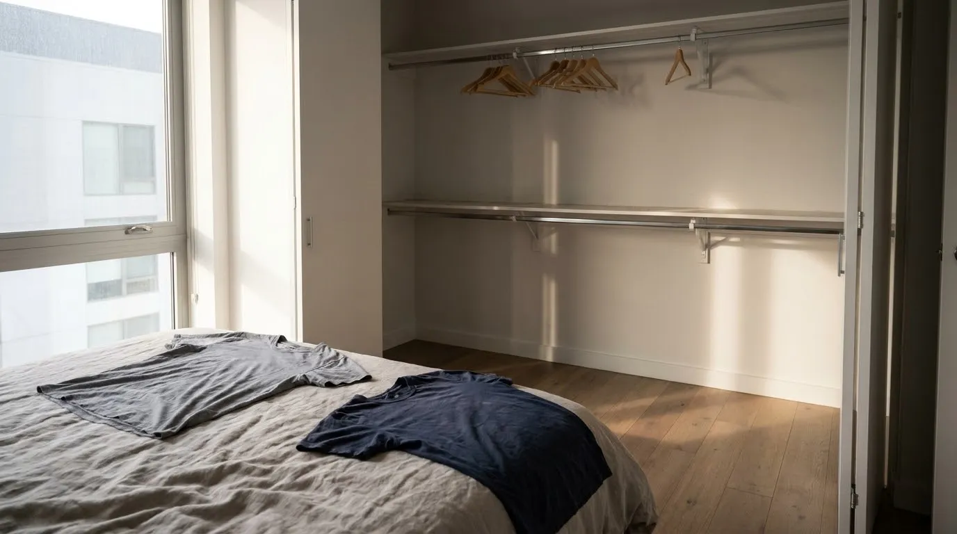 An empty bedroom closet with only two faded T-shirts left on the bed.