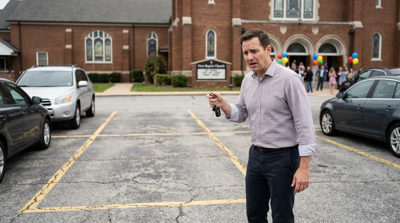 A man standing in an empty parking space looking confused and panicked