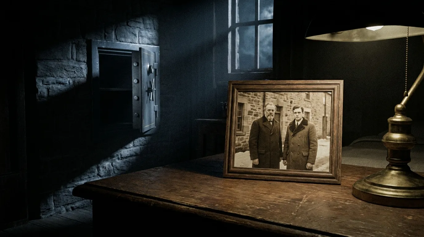 An empty wall safe in the background with a photograph of two men resting on a table in the foreground