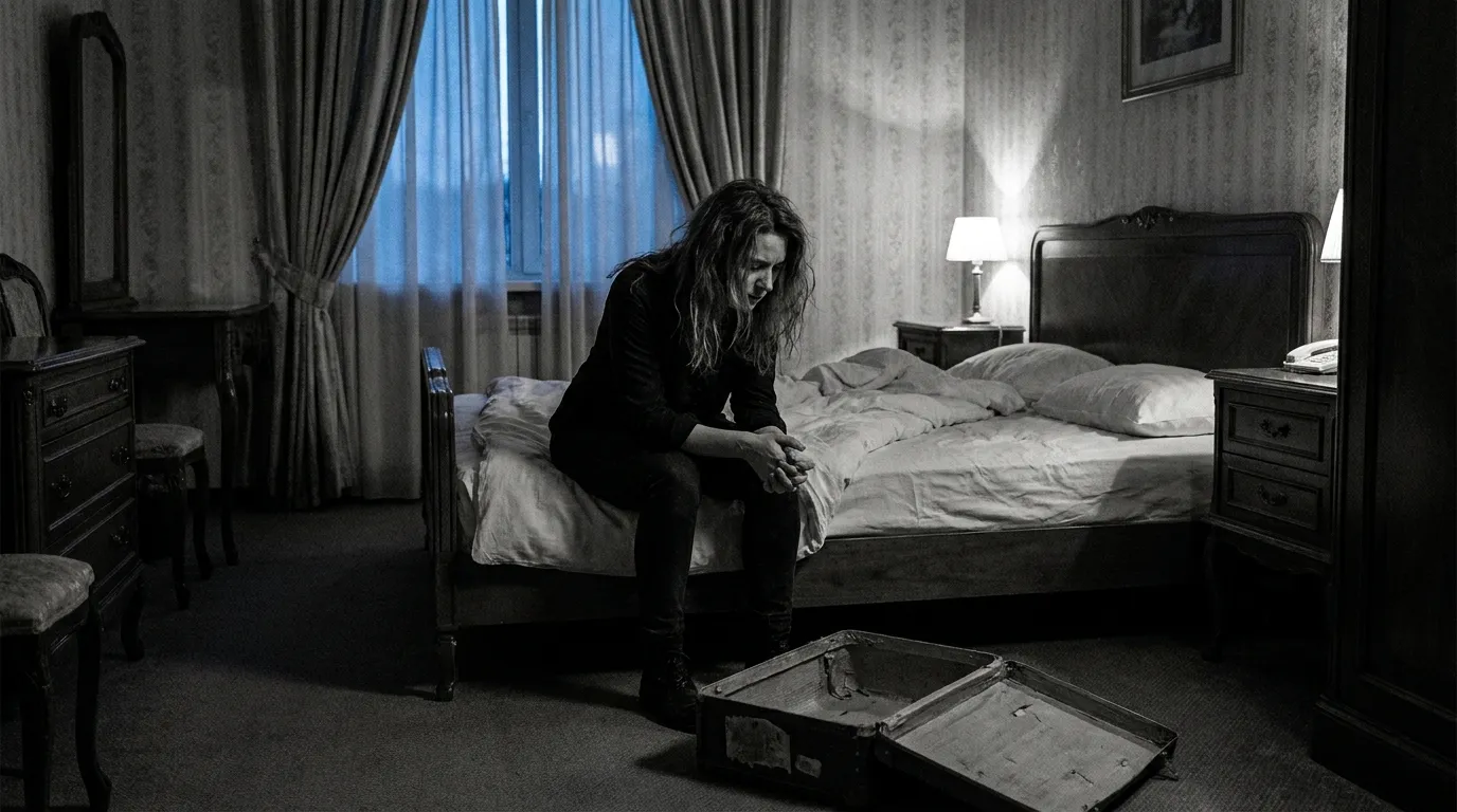 An empty suitcase lying open on a hotel bed