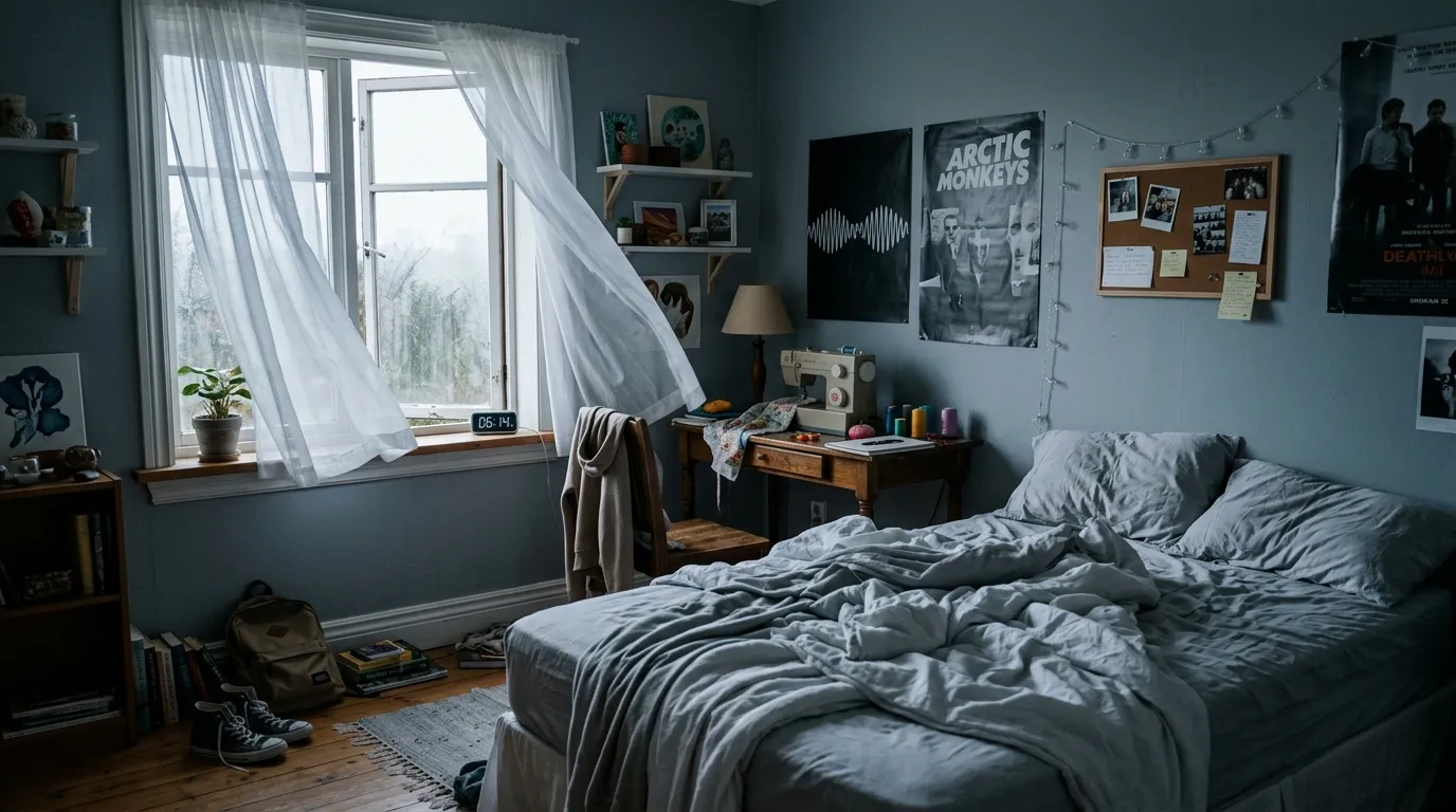 An empty teenager's bed in the early morning with a cracked open window and blowing curtains