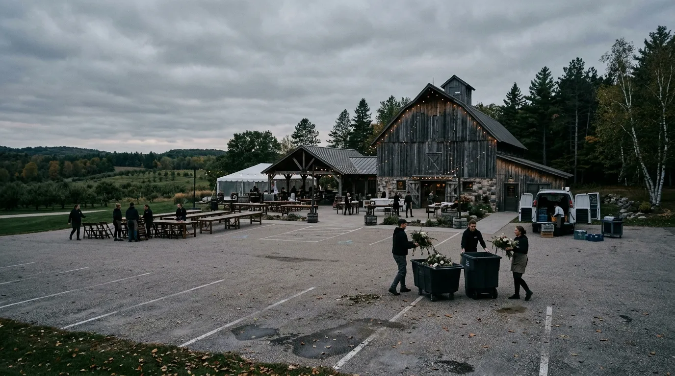 Empty wedding venue with wilted floral centerpieces being cleared away