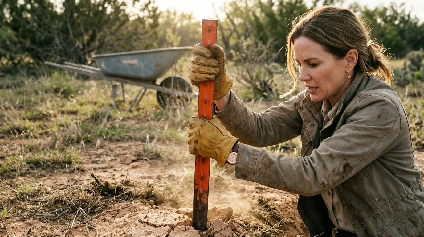 Wealthy woman pulling orange property markers out of the ground