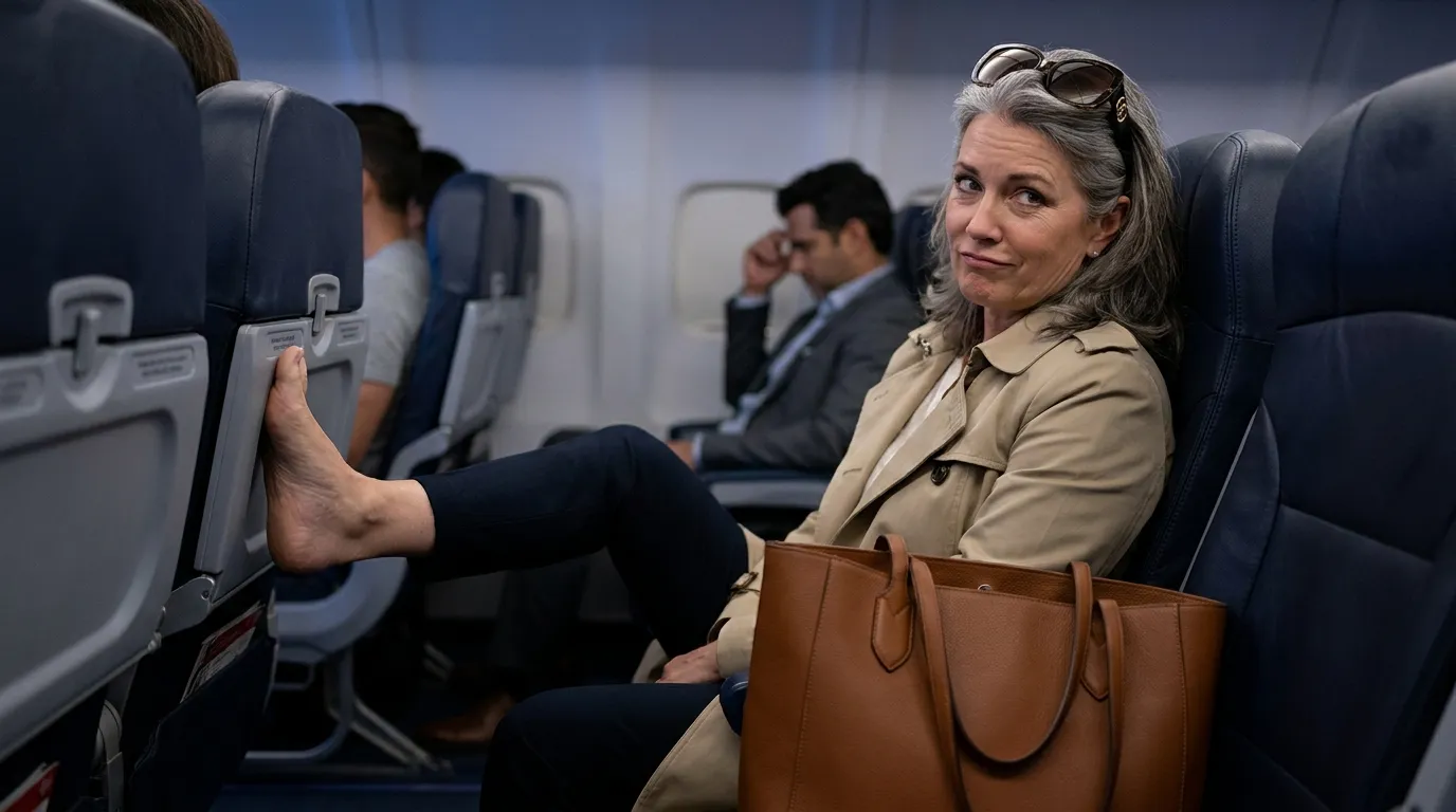 A smug woman in her fifties sitting in an airplane seat wearing a beige trench coat and sunglasses on her head.