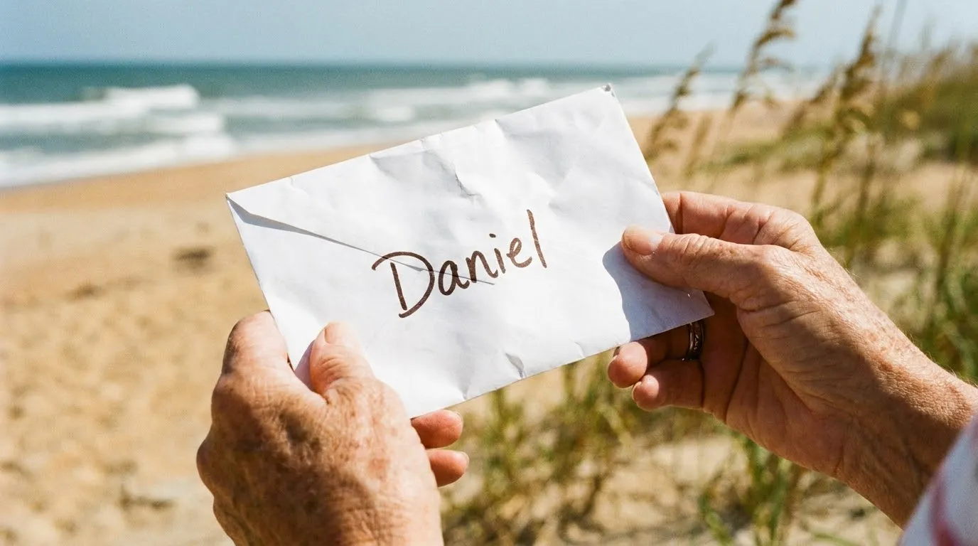 Trembling hands holding a sealed envelope with the name Daniel written on it