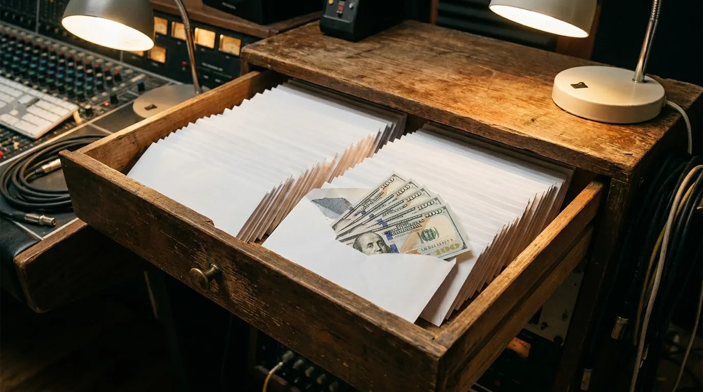 A wooden drawer opened to reveal neatly stacked white envelopes with cash inside