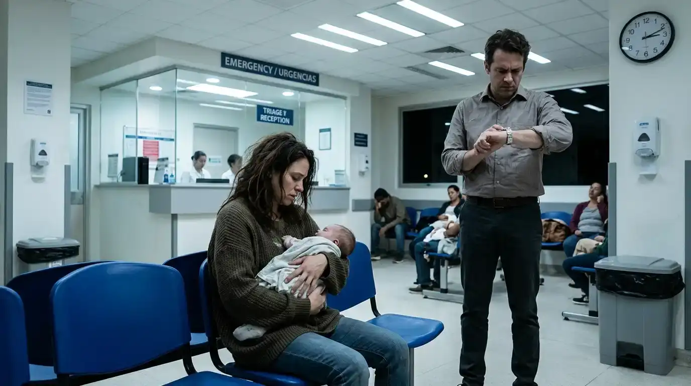 Exhausted mother holding sick baby in ER while husband checks his watch