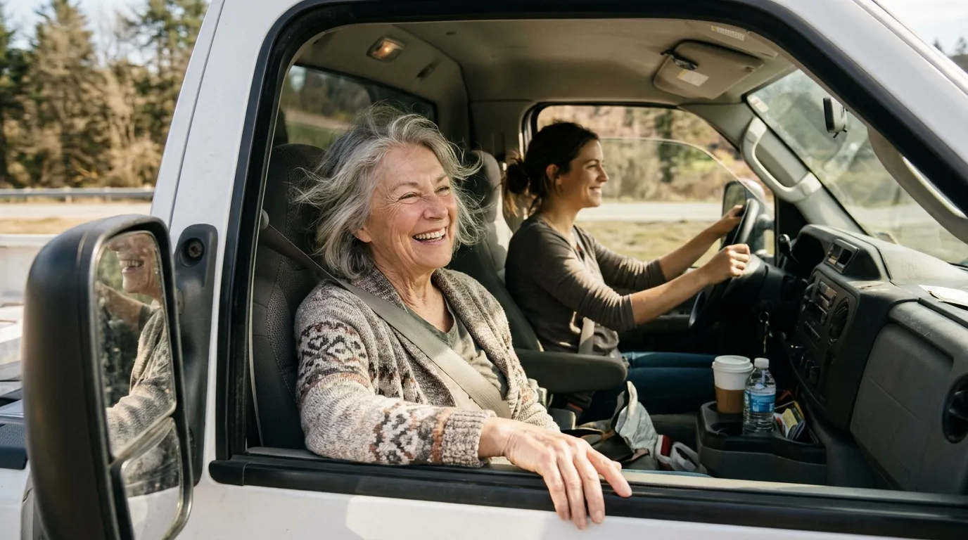 Two women smiling as they drive a moving truck away to freedom