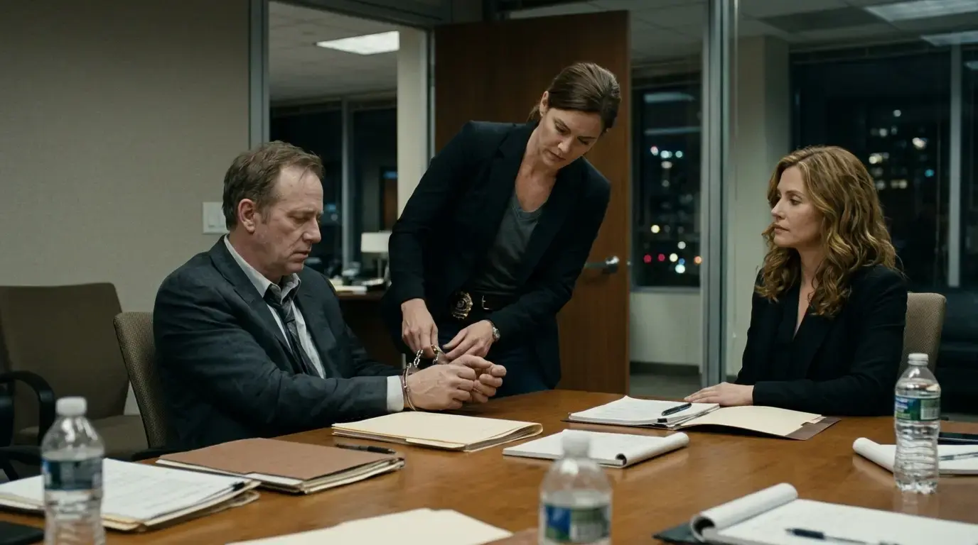 Ethan being handcuffed by Detective Morales as Claire watches calmly