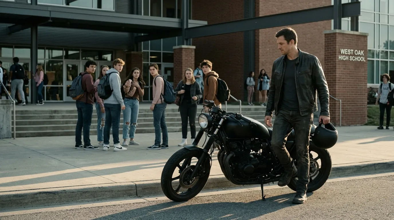 A calm man stepping off a dark motorcycle outside a high school.