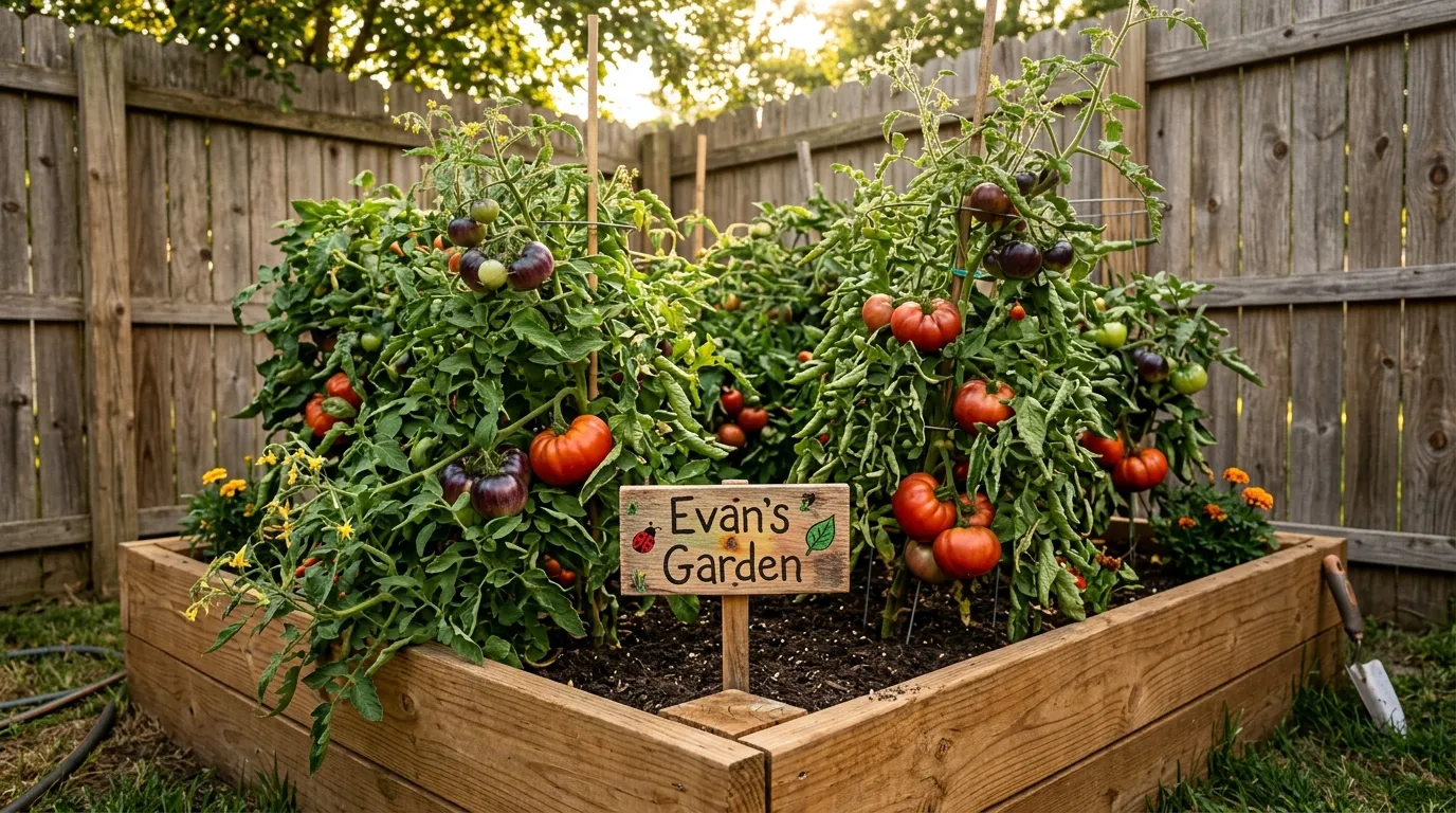 A wooden raised garden bed filled with lush tomato plants and a sign reading Evan's Garden