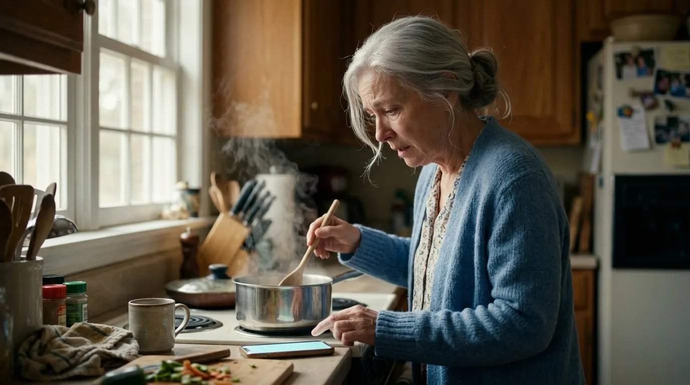 Evelyn standing in her warm kitchen looking at a glowing smartphone with a shocked expression