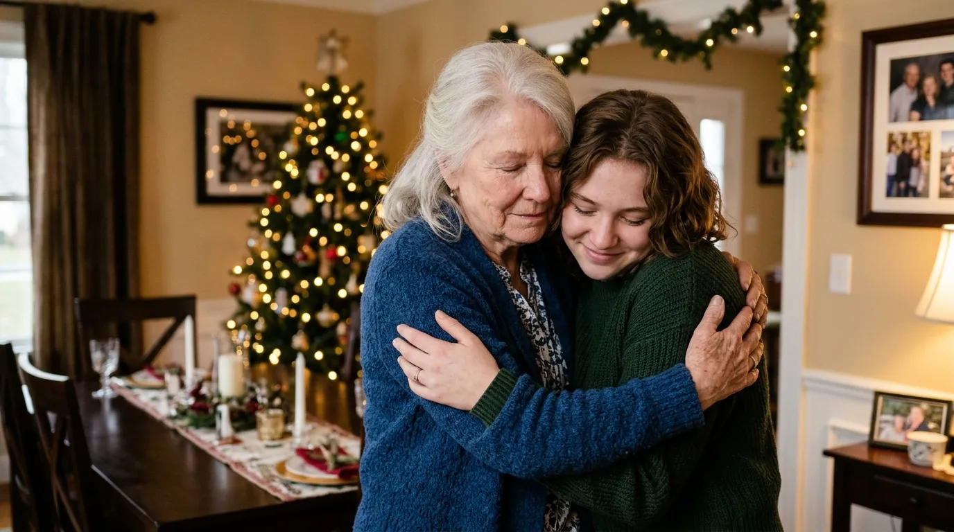 Evelyn hugging her granddaughter Nora warmly in a beautifully decorated room with Christmas lights