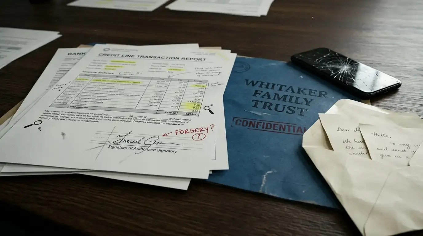 Forensic accounting audit records, trust folder, and cracked smartphone on the table