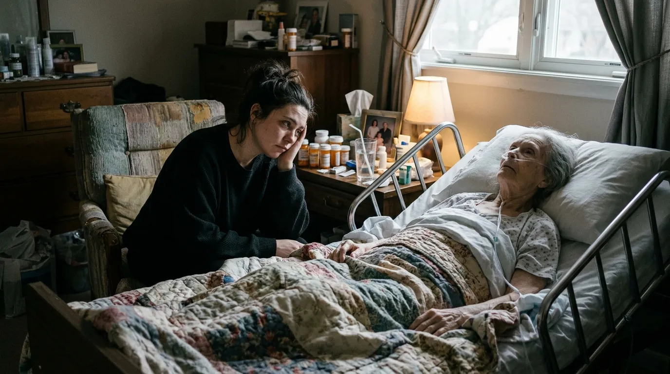 A tired caregiver sitting beside an elderly woman in a home hospital bed.