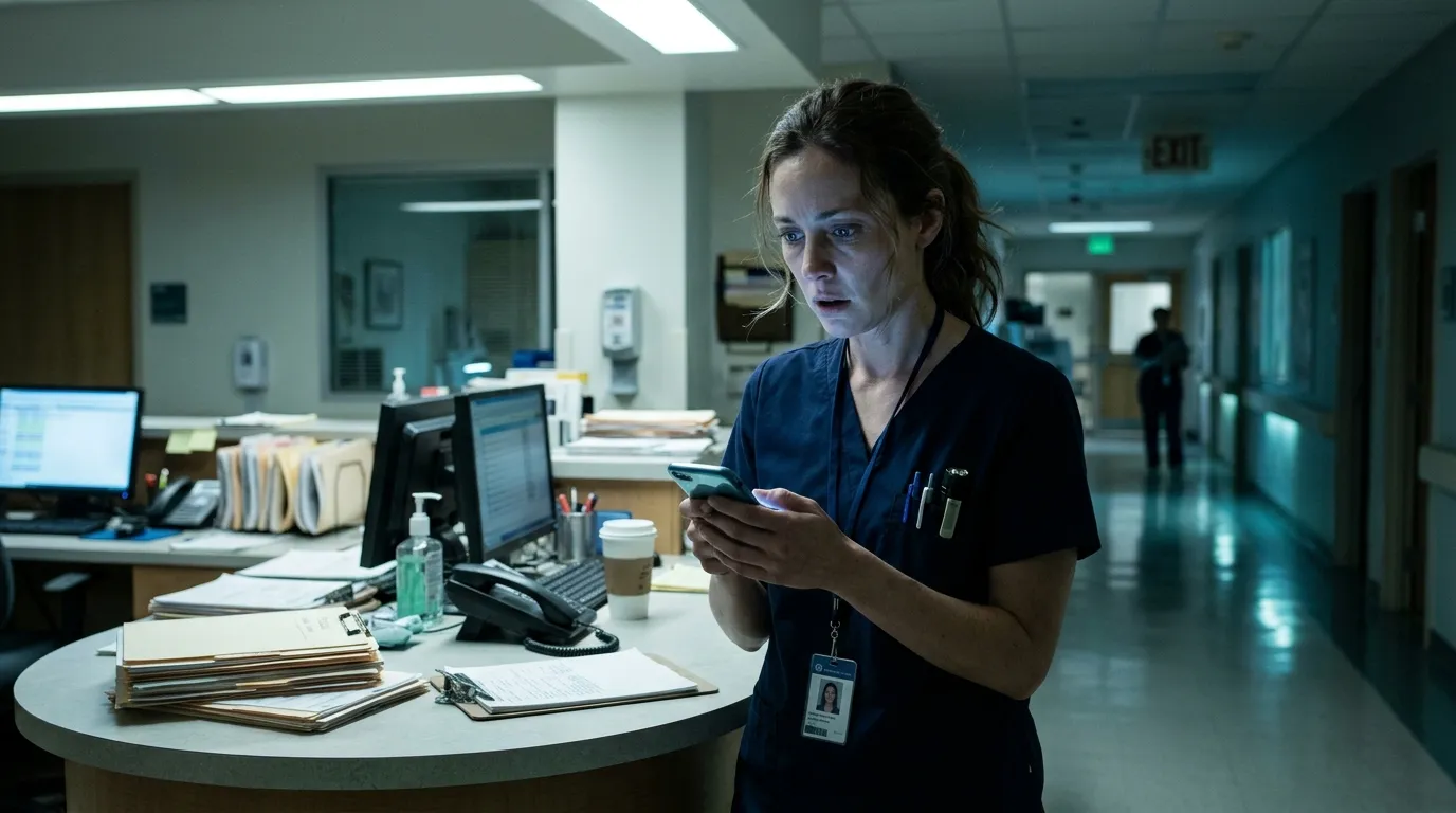 Tired nurse looking at her phone in a hospital at night