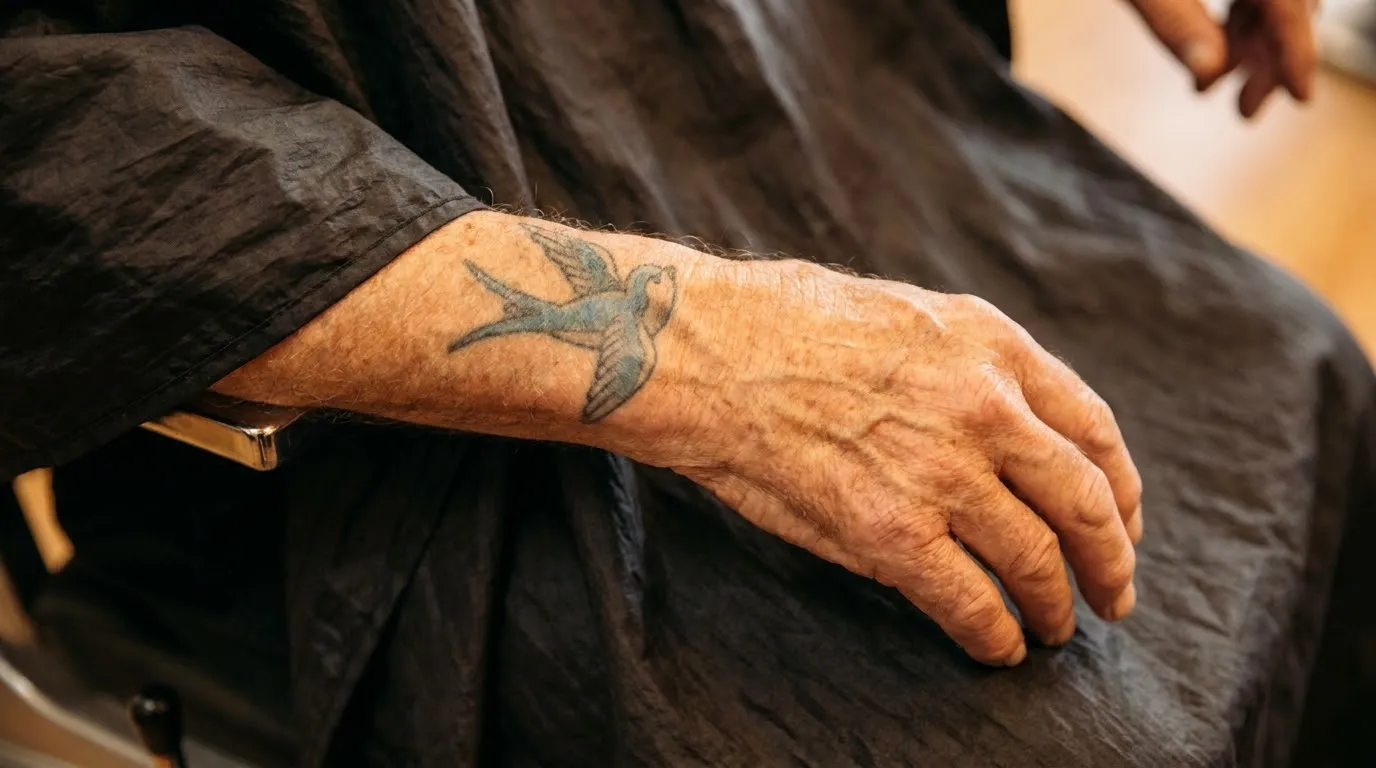 Close-up of an older man's wrist resting on a black cape, showing a faded bluebird tattoo
