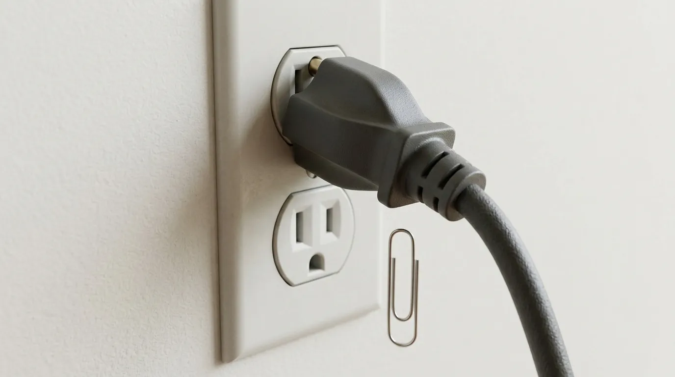 3D illustration of a heavy plug sagging from a wall outlet with the ground pin on top