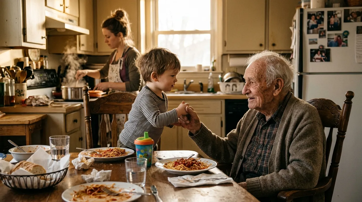A 101-year-old man sitting at a kitchen table holding a 3-year-old boy's hand while a young mother cooks.