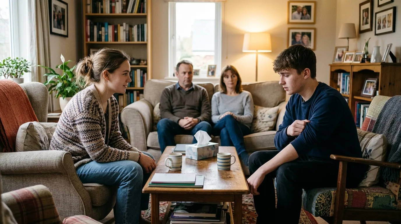Family of three and teenage boy having a slightly awkward but polite dinner together