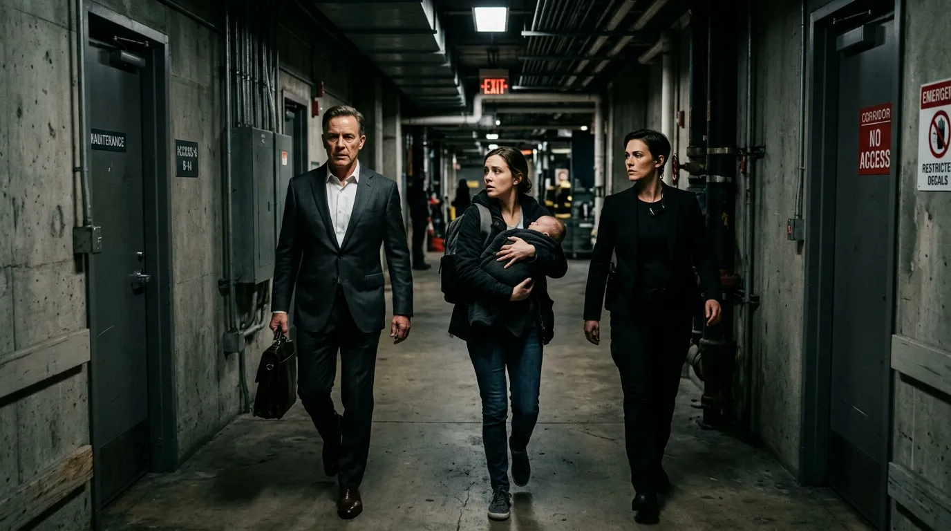 A billionaire and his sister walking hand-in-hand with a toddler at a sunny airport