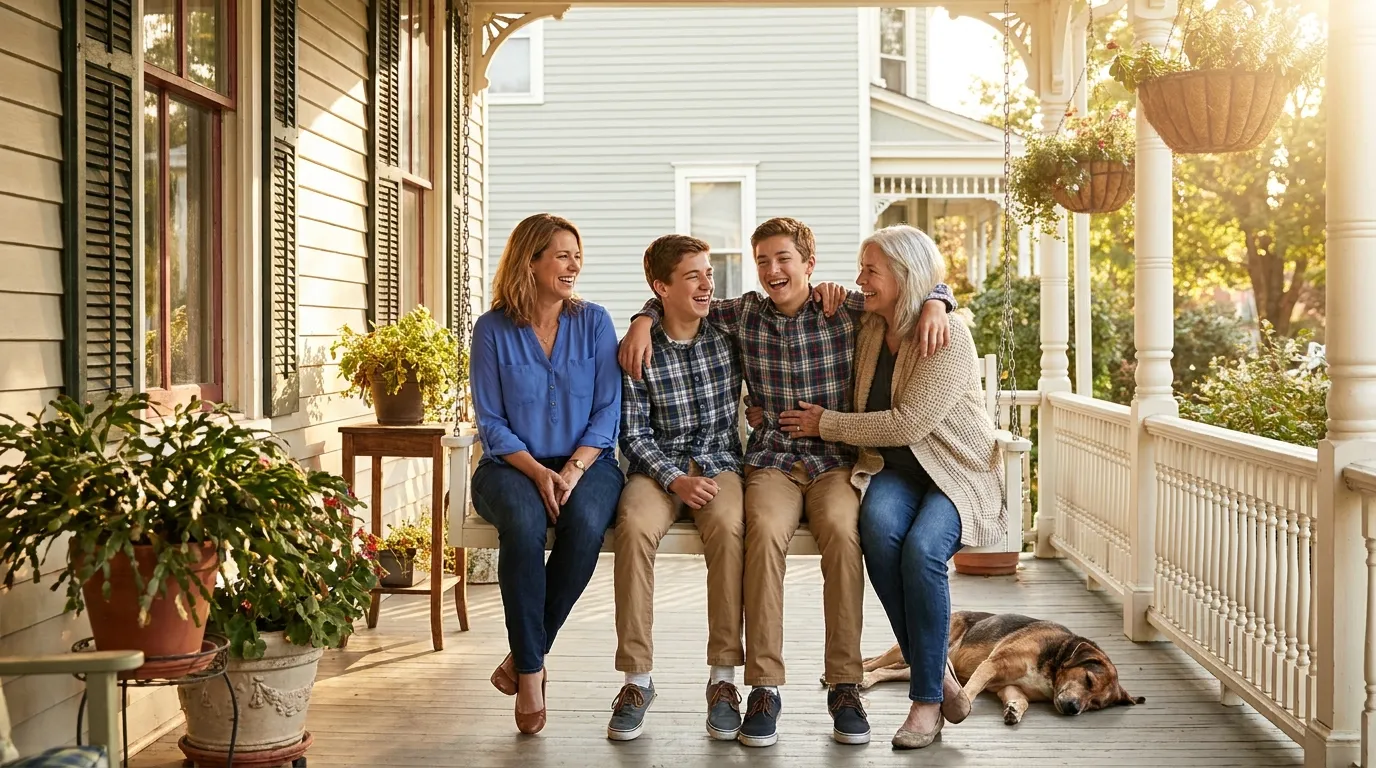 A happy family gathering on a sunlit porch showing a mother, twin boys, and an older woman