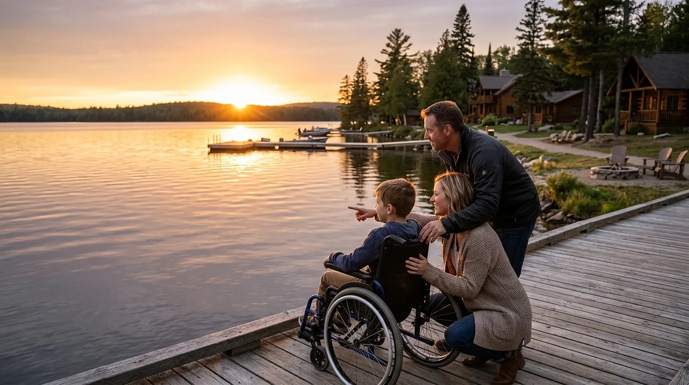 Family looking out at a serene lake resort at sunset, with a young boy in a wheelchair.