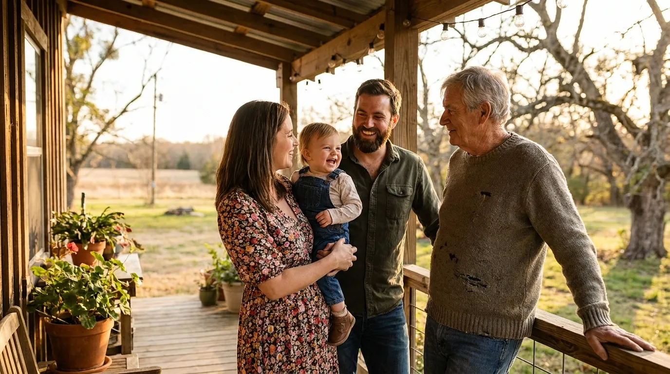 Happy family standing together on a sunlit porch